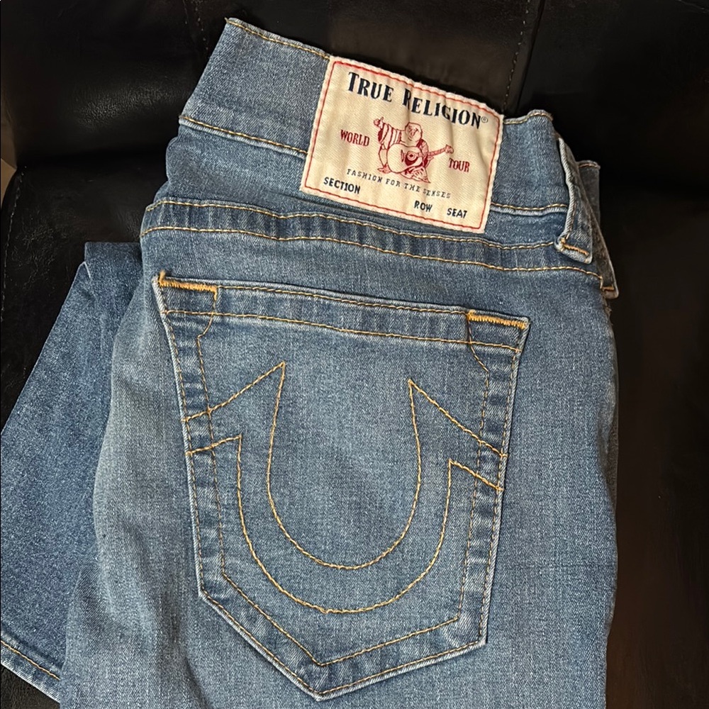 True Religion Blue Boot Cut Jeans with Signature Stitching